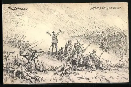 Künstler-AK Feldskizze, Gefecht bei Gumbinnen