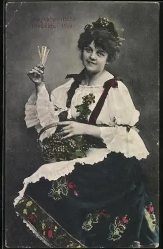 AK Rheinisches Mädel mit einem Weinglas