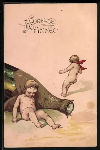 Präge-AK Zwei nackte Kinder mit einer Sektflasche, Neujahrsgruss
