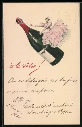 AK Frau fliegt auf einer Sektflasche