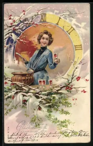 AK Frau schöpft Punsch in Gläser, umrandet von einer Uhr