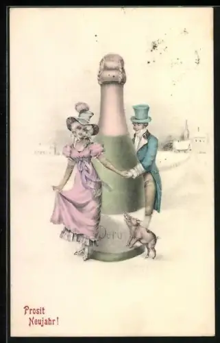 AK Paar mit Ferkel an einer Sektflasche, Neujahrsgruss