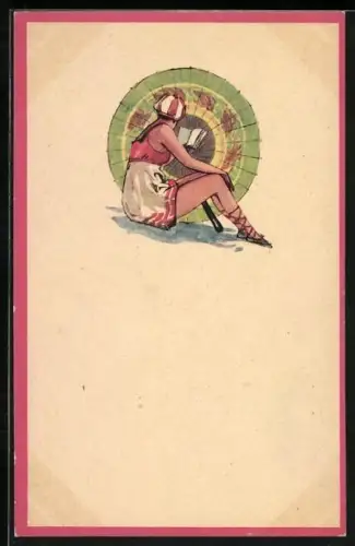 AK Frau mit einem Buch vor Schirm