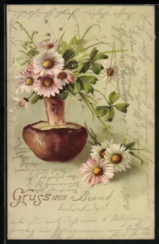 Präge-AK Champignon mit Margeriten und Kleeblättern