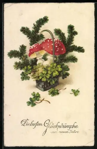 AK Fliegenpilze im Korb mit Kleeblättern, Neujahrsgruss