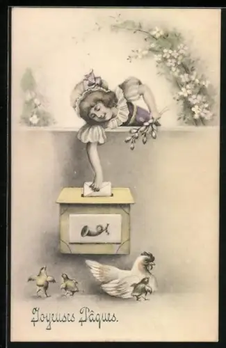 AK Mädchen wirft einen Brief in den Postkasten, Ostergruss