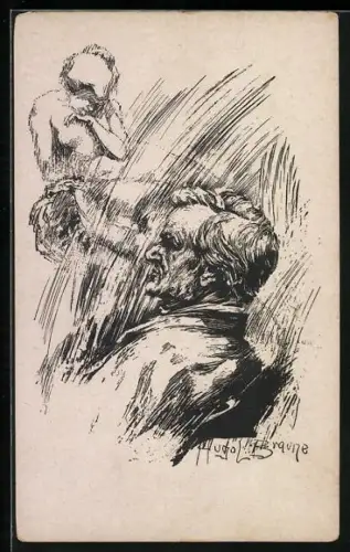 AK Richard Wagner mit Muse, Zeichnung