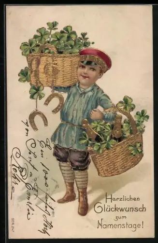 AK Page mit Körben voller Klee und Hufeisen