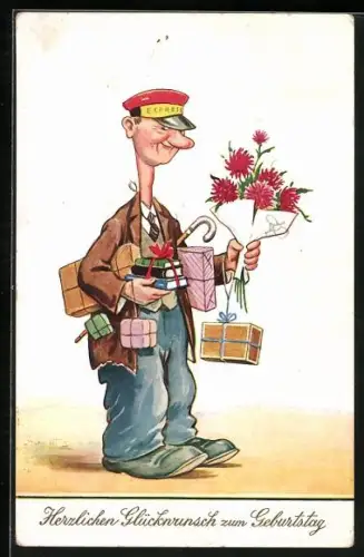 AK Page mit Päckchen und Blumen, Geburtstagsgruss
