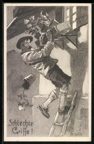 AK Mann kippt beim Fensterln von der Leiter, Erotik