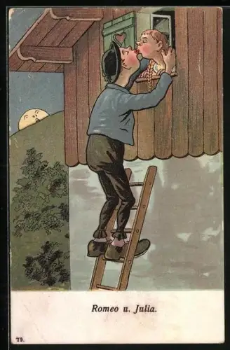 AK Romeo und Julia, Paar küsst sich beim Fensterln bei Mondschein, Erotik