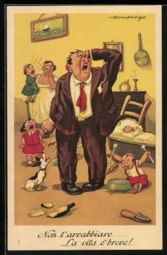 AK Vater zwischen lärmenden Kindern, Scherz, Emanzipation