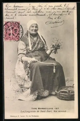 AK Marseille, Sant-Enri, Type Marseillais, Lei langousto de Sant-Enri..., Ältere Frau mit Languste