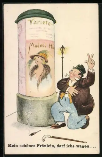 AK Betrunkener kniet vor Plakat an Litfasssäule, Trinkerhumor