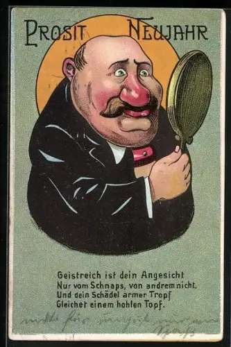 AK Betrunkener mit einem Handspiegel, Trinkerhumor