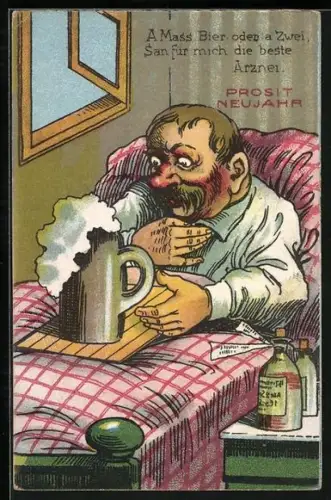 AK Mann trint im Bett Bier, Neujahrsgruss, Trinkerhumor