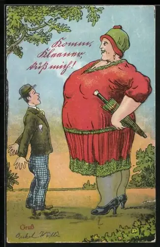 AK Kleiner Mann vor grosser übergewichtiger Frau