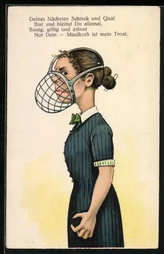 AK Frau mit einem Maulkorb, frauenfeindlicher Humor