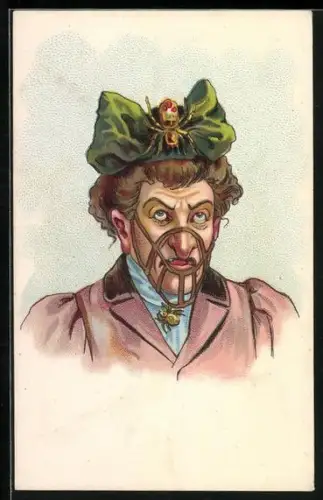 AK Frau mit einem Maulkorb, frauenfeindlicher Humor