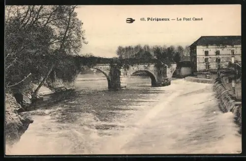 AK Périgueux, Le Pont Cassé sur la rivière en crue