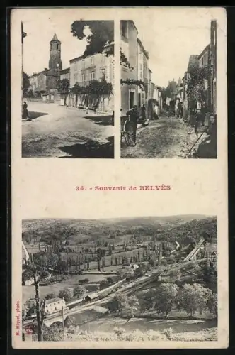 AK Belvès, Souvenir de Belvès avec vues du village et de la campagne environnante
