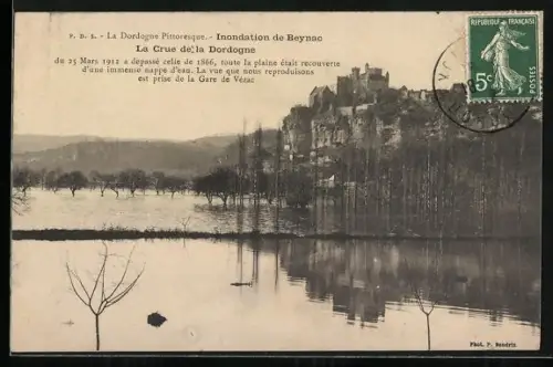 AK Beynac, Inondation de la Dordogne vue de la Gare de Vézac