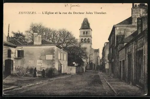 AK Thiviers, L`église et la rue du Docteur Jules Theulier