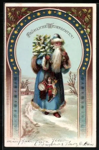 AK Weihnachtsmann mit Sack auf dem Rücken, Geschenke und Weihnachtsbaum, gerahmte Ansicht