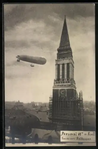 AK Kiel, Zeppelin Parseval VI beim Turm des neuen Rathauses