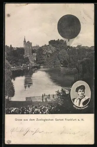 AK Frankfurt am M., Zoologischer Garten, Heissluftballon und Käthchen Paulus