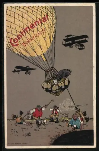 AK Ballon hebt habt mit der Reklame für Continental Ballonstoff, Flugzeuge