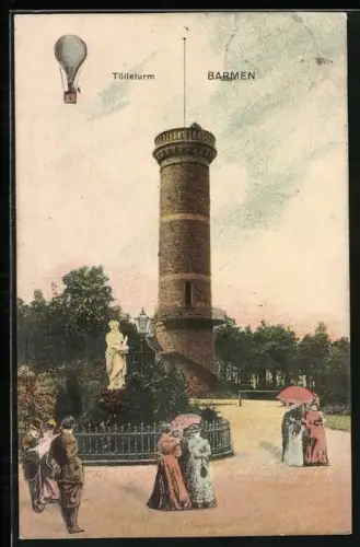 AK Barmen, Partie am Tölleturm mit Spaziergängerinnen und Ballon