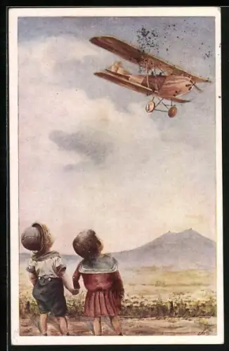 Künstler-AK Görlitz, Erste Flugpost 10.8.1924, Kinder beobachten ein Doppeldecker-Flugzeug