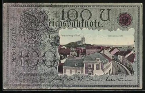 AK Müncheberg /Mark, Ortsansicht in Gelschein-Passepartout