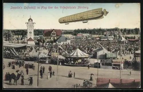 AK Nürnberg, Zeppelin`s Luftschiff im Flug den den Volksfestplatz