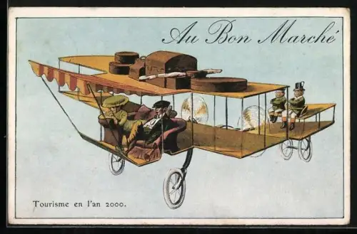 AK Au Bon Marché, Tourisme en l`an 2000, Paar verreist mit dem eigenen Flugzeug