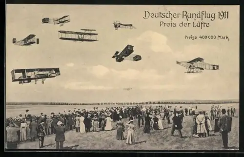 AK Deutscher Rundflug 1911, Flugzeuge über der Zuschauermenge