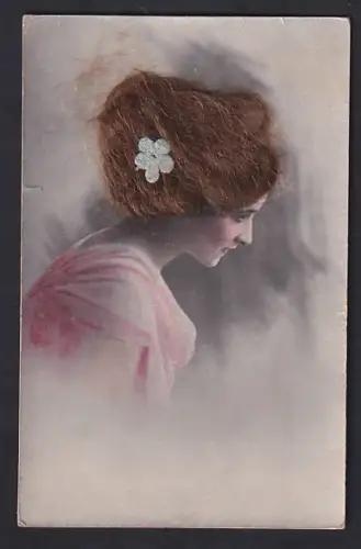 Echt-Haar-AK Portrait einer Dame mit Blume in den Haaren