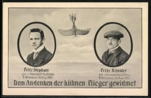 AK Brück / Mark, Flugzeugabsturz 1913, Andenken an Fritz Stephan und Fritz Rössler