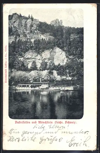 AK Basteifelsen /Sächs. Schweiz, Dampfschiff auf der Elbe mit Mönchstein
