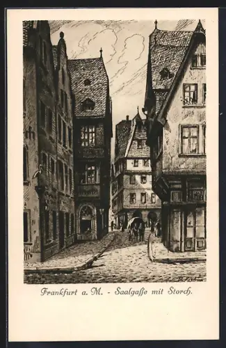 Künstler-AK Alt-Frankfurt, Saalgasse mit Storch