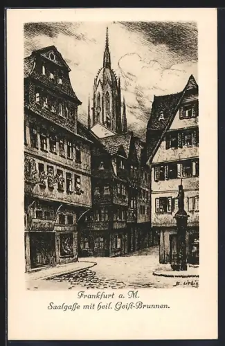 Künstler-AK Alt-Frankfurt, Saalgasse, heil. Geist-Brunnen