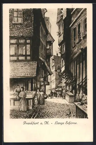 Künstler-AK Alt-Frankfurt, Lange Schirne, Strassenansicht mit Marktständen