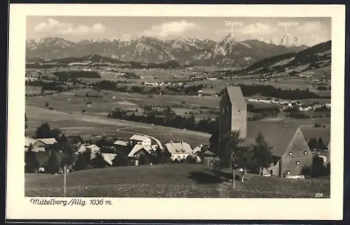 AK Mittelberg /Allg., Kirche, Blick auf Säuling und Zugspitze