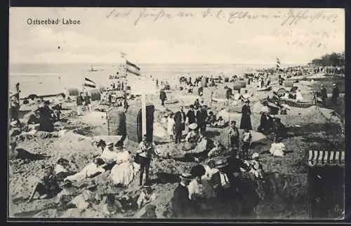 AK Laboe, Strand mit Badegästen und Strandkörben