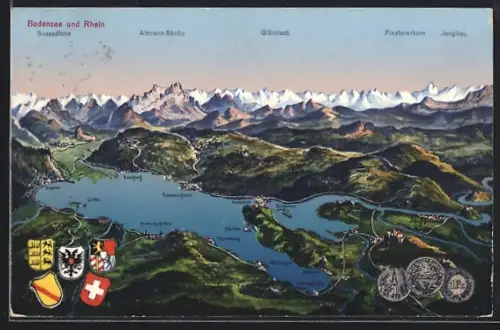 AK Friedrichshafen, Bodensee und Rhein, Übersichtskarte mit Säntis, Glärnisch, Finsteraarhorn, Wappen