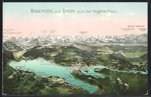 AK Friedrichshafen, Bodensee und Rhein aus der Vogelschau