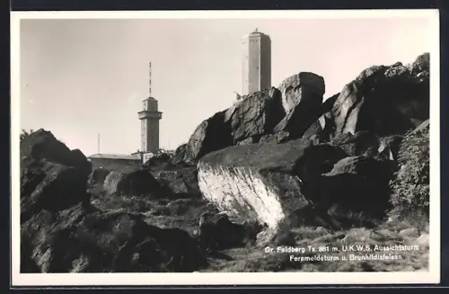 AK Gr. Feldberg i. T., U.K.W.S. Aussichtsturm, Fernmeldeturm, Brunhildisfelsen
