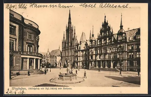 AK Wiesbaden, Schlossplatz mit Kgl. Schloss und Rathaus