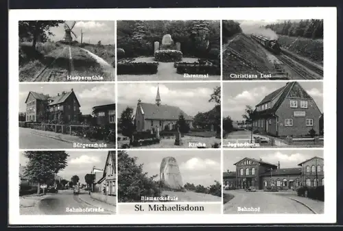 AK St. Michaelisdonn, Hoopenmühle, Kirche, Bahnhof